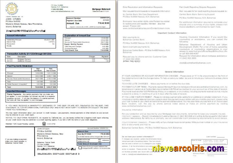 Bahamas Central Bank bank mortgage statement, 2 pages,1-2